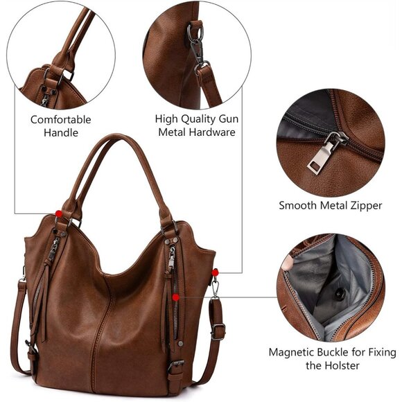 Women’s Concealed Carry Hobo Purse Faux Leather Brown Large Shoulder Bag with De - Picture 2 of 6